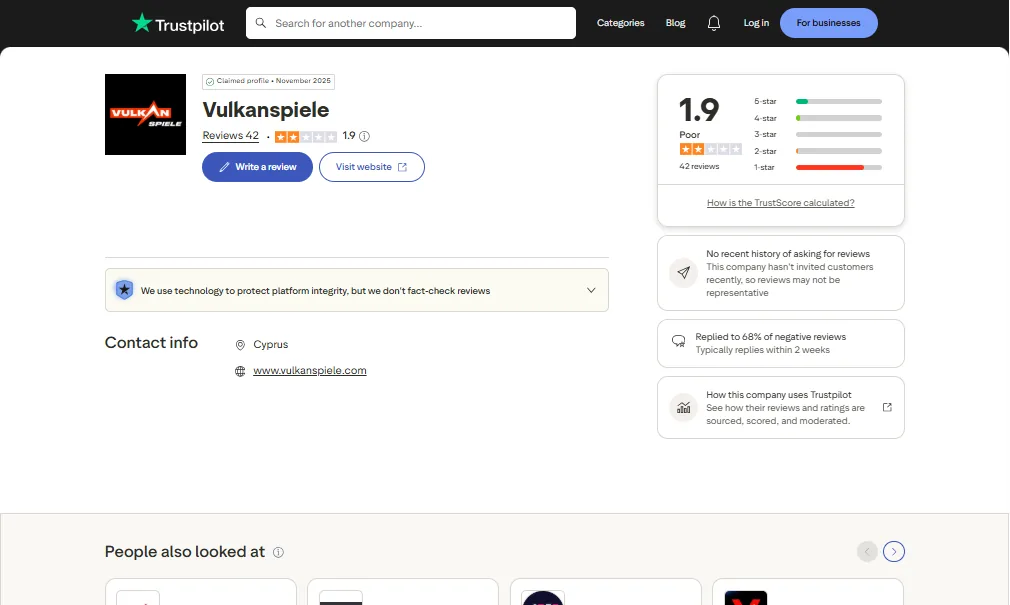 Screenshot of VulkanSpiele's Trustpilot rating overview