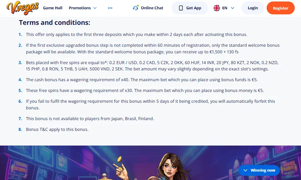 Screenshot of Vulkan Vegas's bonus terms and wagering requirements