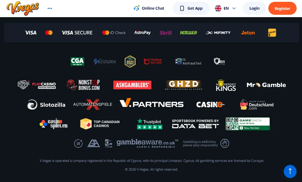 Screenshot of Vulkan Vegas's footer licence and regulator details