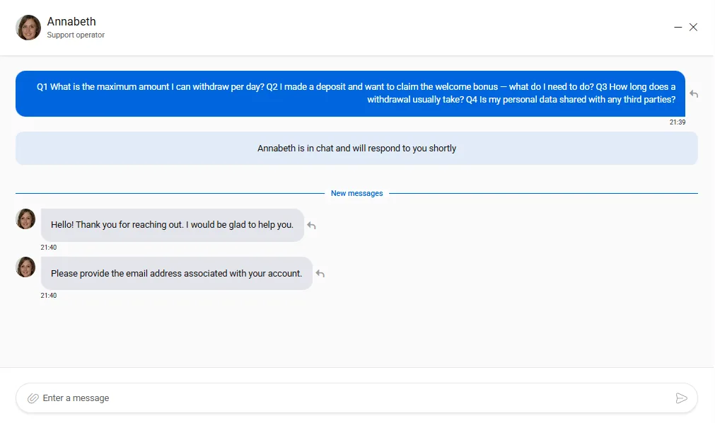 Screenshot of Vulkan Vegas's live chat support window