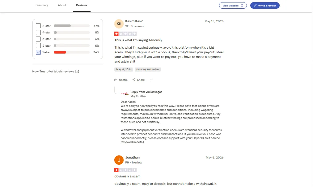 Screenshot of Vulkan Vegas's negative Trustpilot review