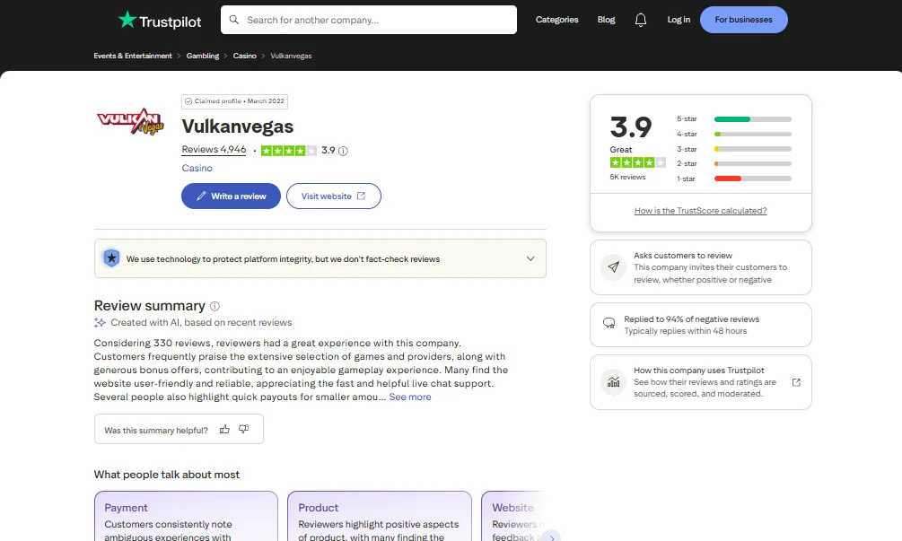 Screenshot of Vulkan Vegas's Trustpilot rating overview
