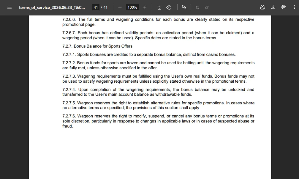 Screenshot of Wageon's bonus terms and wagering requirements