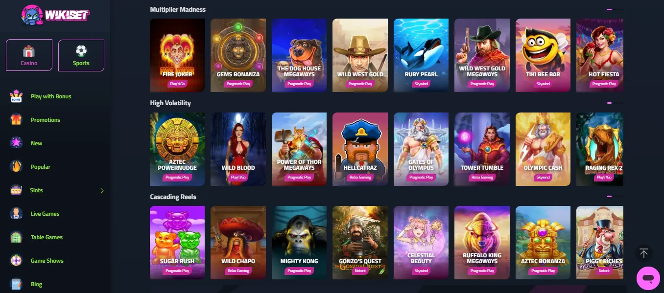 Screenshot of Wikibet's games lobby