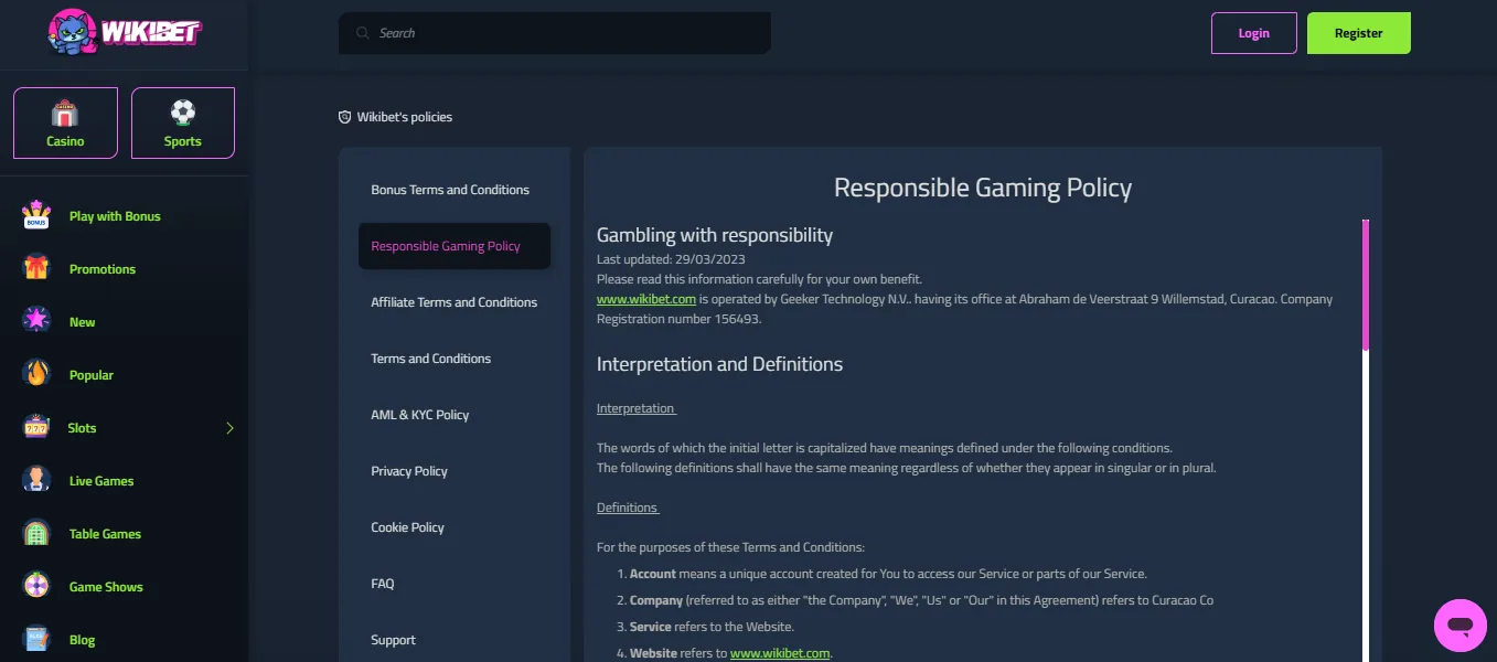 Screenshot of Wikibet's responsible-gambling tools