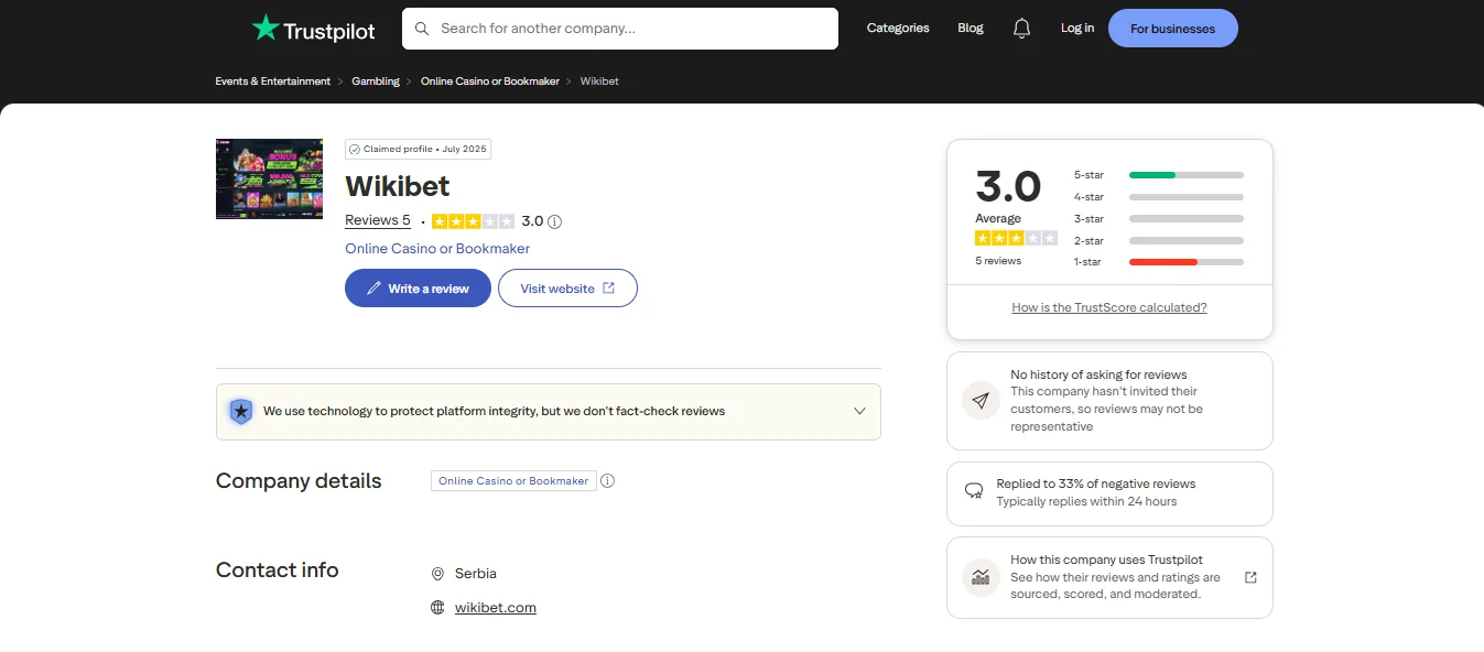Screenshot of Wikibet's Trustpilot rating overview