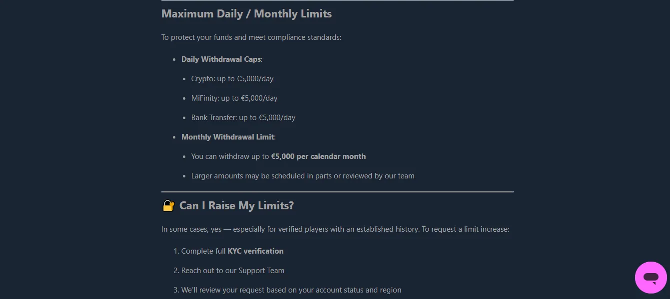 Screenshot of Wikibet's withdrawal section and limits