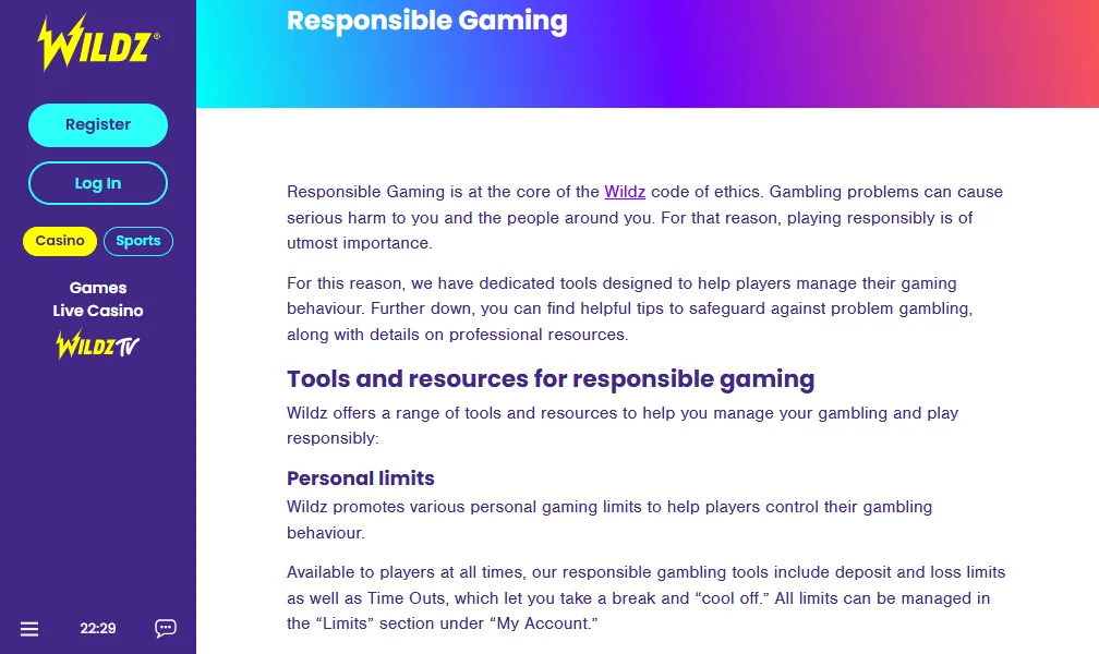 Screenshot of Wildz's responsible-gambling tools