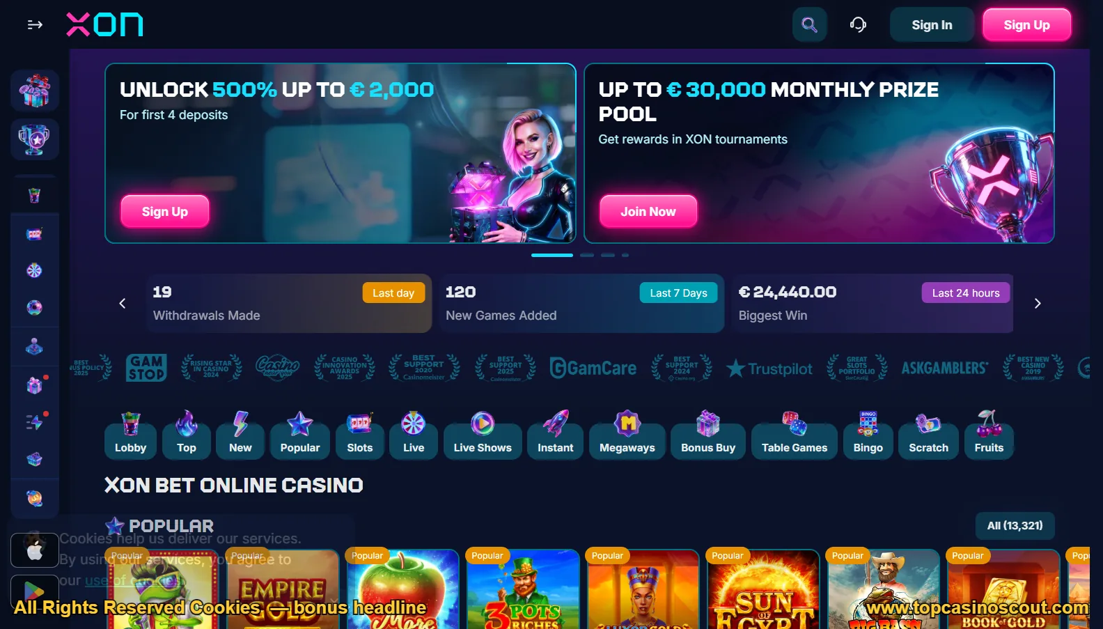 Screenshot of XON's welcome bonus offer