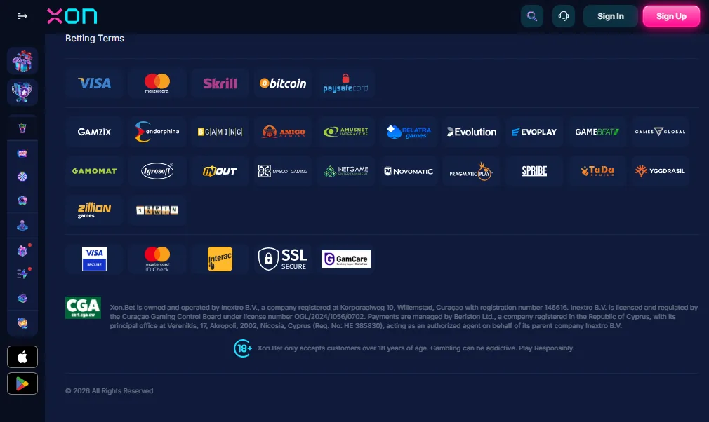 Screenshot of XON's cashier and payment methods