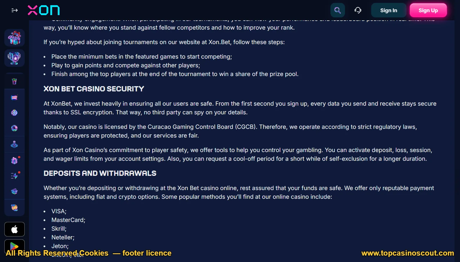Screenshot of XON's footer licence and regulator details