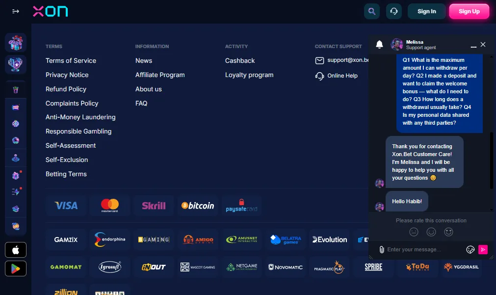 Screenshot of XON's live chat support window