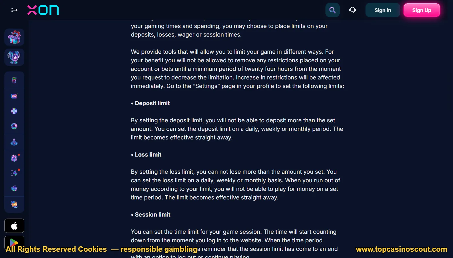 Screenshot of XON's responsible-gambling tools