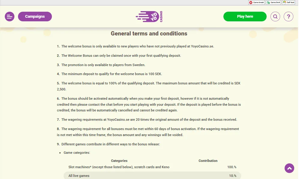 Screenshot of YoYo Casino's bonus terms and wagering requirements