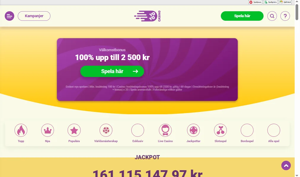 Screenshot of YoYo Casino's homepage