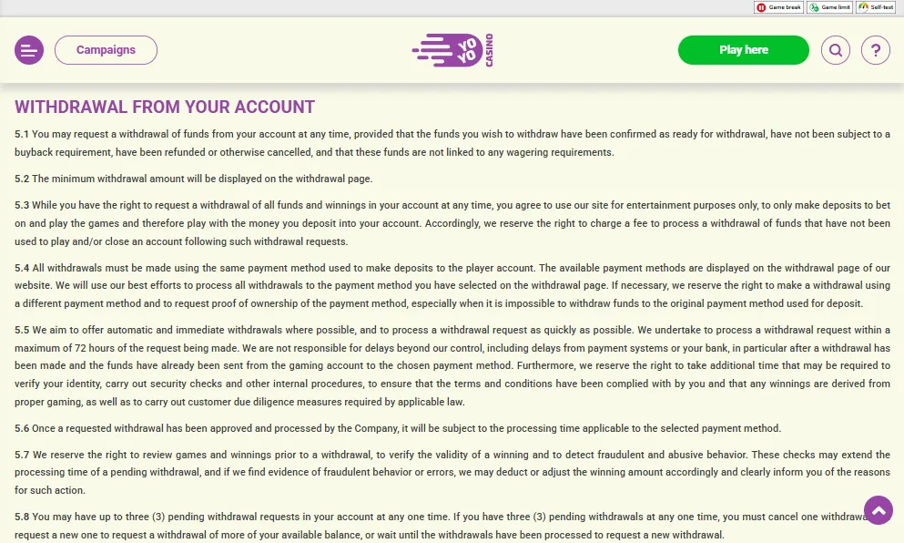 Screenshot of YoYo Casino's withdrawal section and limits