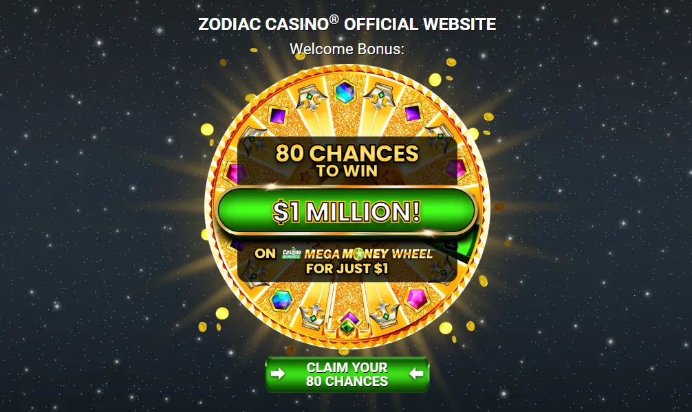 Screenshot of Zodiac Casino's welcome bonus offer