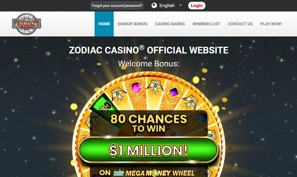 Screenshot of Zodiac Casino's homepage