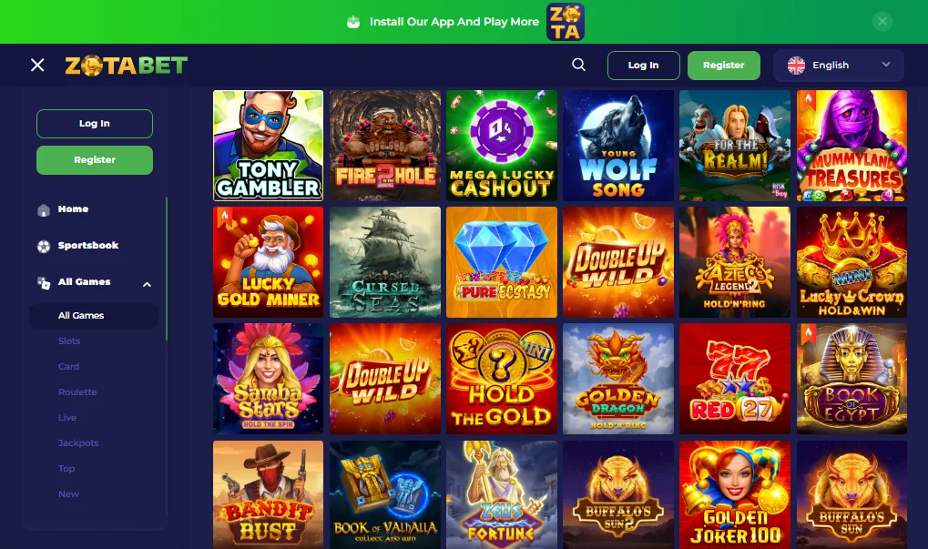 Screenshot of Zotabet's games lobby