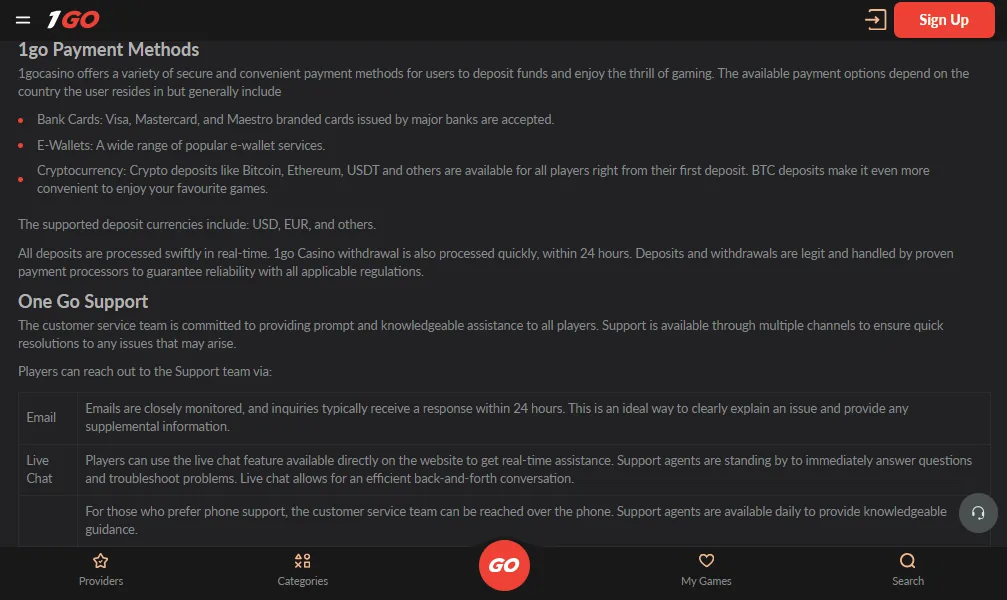Screenshot of Igo Bet's cashier and payment methods