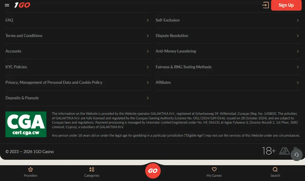 Screenshot of Igo Bet's footer licence and regulator details