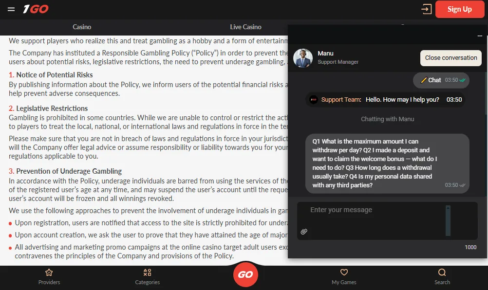 Screenshot of Igo Bet's live chat support window