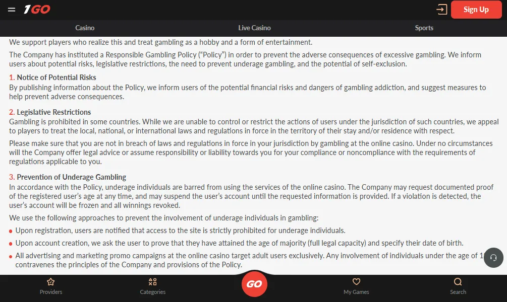 Screenshot of Igo Bet's responsible-gambling tools