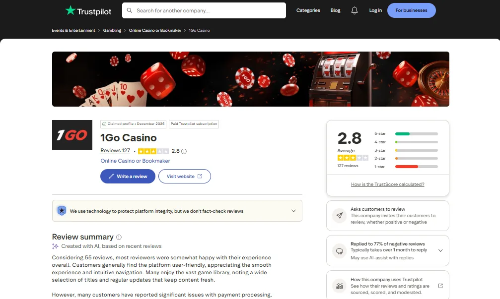 Screenshot of Igo Bet's Trustpilot rating overview