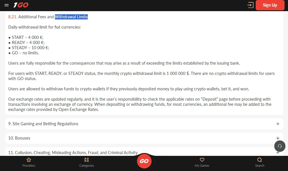 Screenshot of Igo Bet's withdrawal section and limits