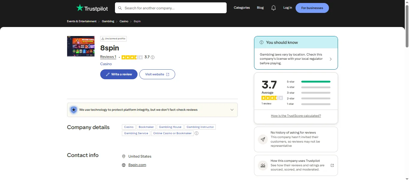 Screenshot of 8Spin's Trustpilot rating overview