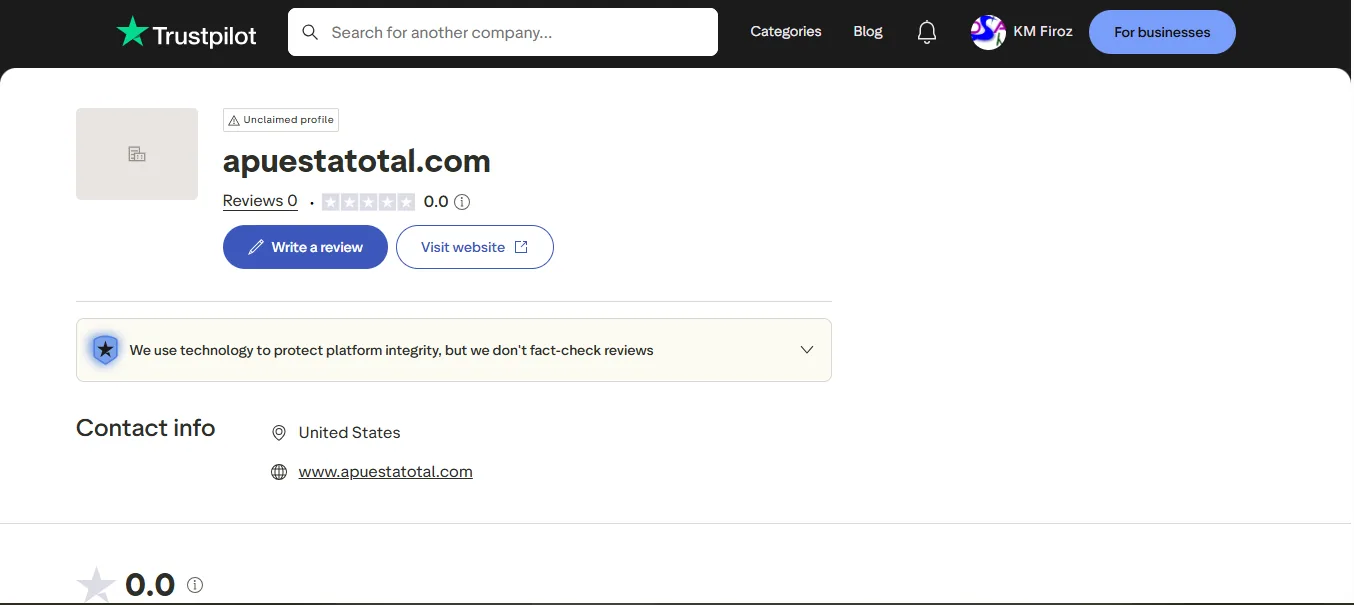 Screenshot of Apuesta Total's Trustpilot rating overview