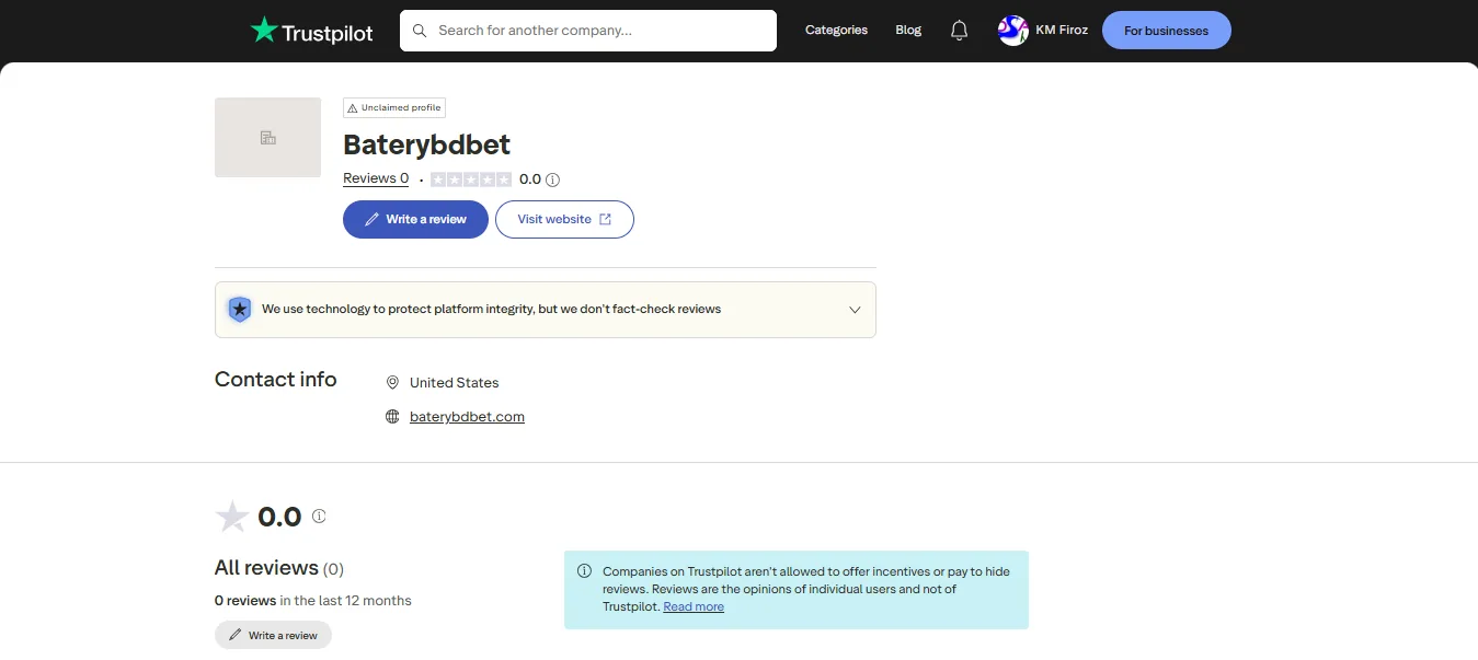 Screenshot of Batery / BateryBet's Trustpilot rating overview