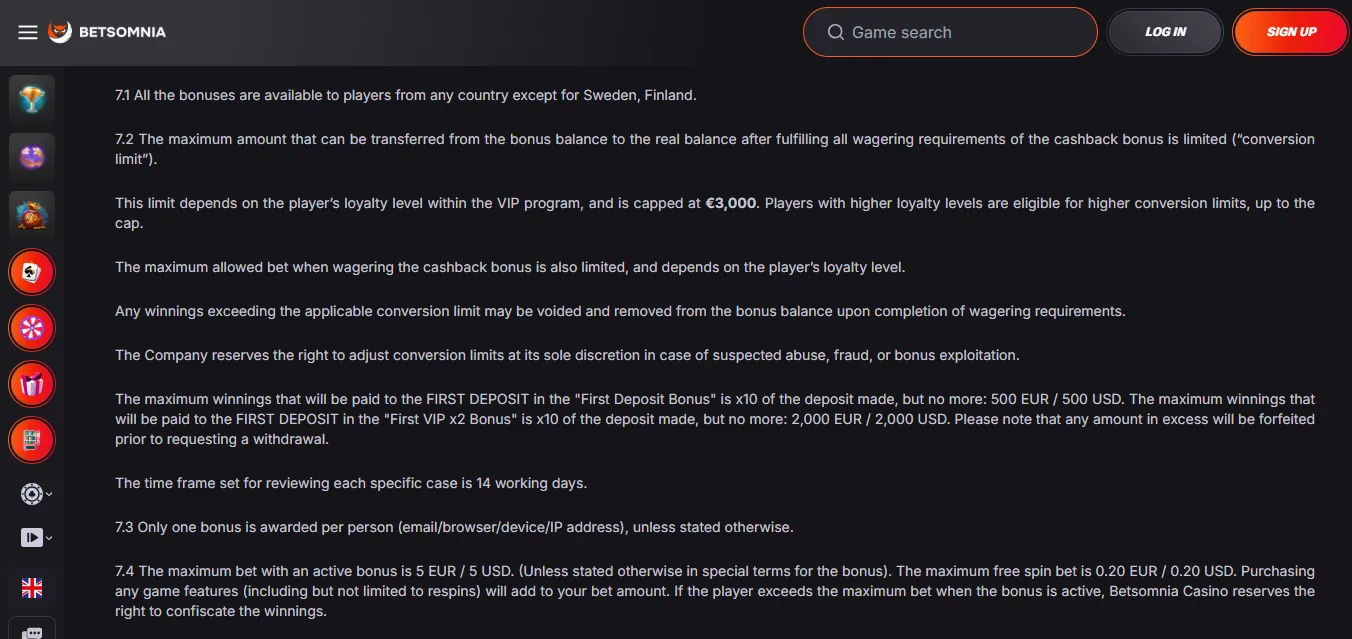 Screenshot of Betsmonia's bonus terms and wagering requirements