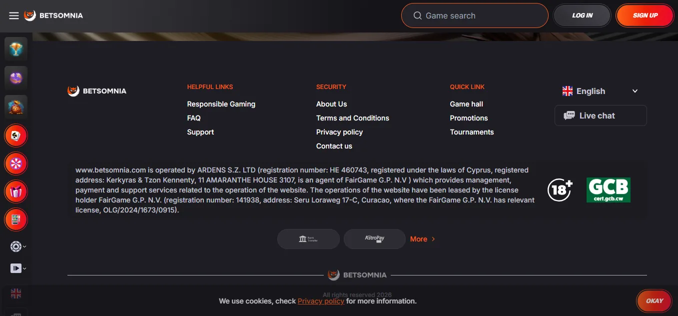 Screenshot of Betsmonia's footer licence and regulator details