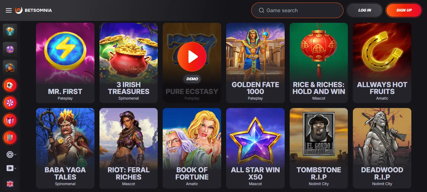 Screenshot of Betsmonia's games lobby