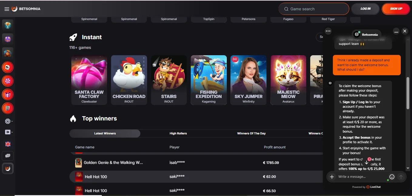 Screenshot of Betsmonia's live chat support window