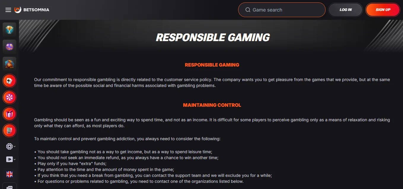 Screenshot of Betsmonia's responsible-gambling tools