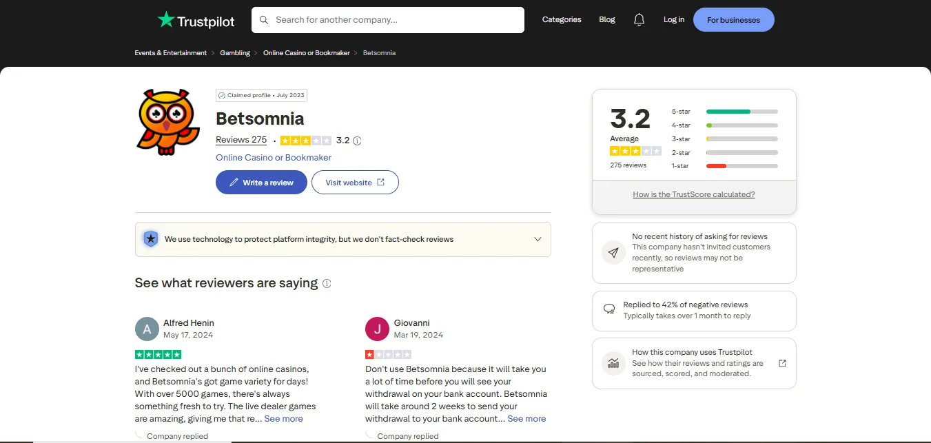 Screenshot of Betsmonia's Trustpilot rating overview