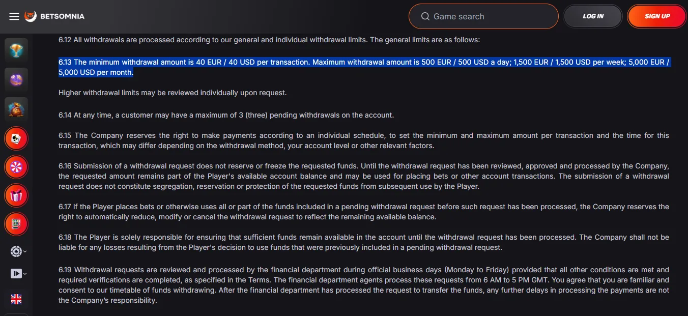 Screenshot of Betsmonia's withdrawal section and limits