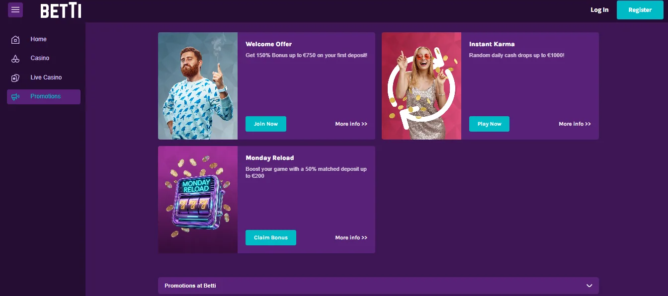 Screenshot of Betti Casino's welcome bonus offer