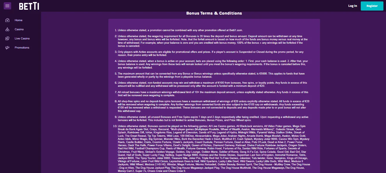 Screenshot of Betti Casino's bonus terms and wagering requirements