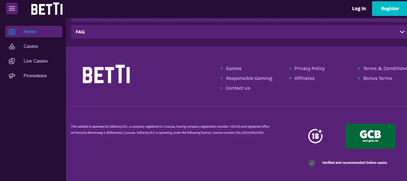 Screenshot of Betti Casino's footer licence and regulator details