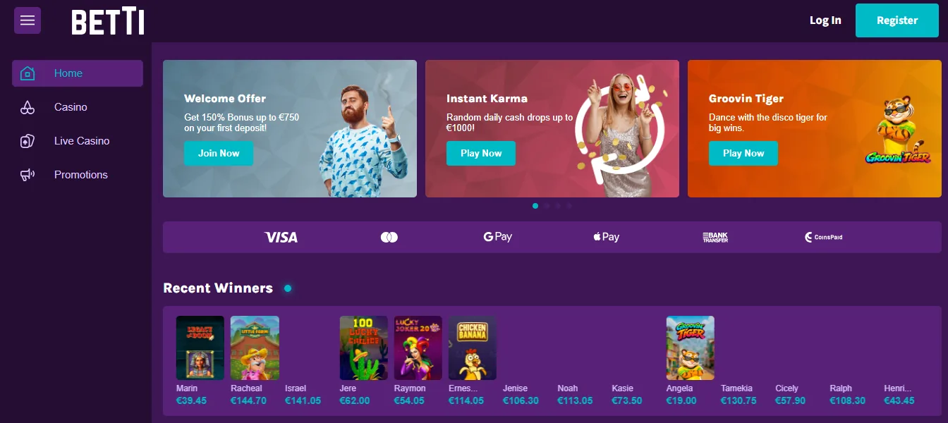 Screenshot of Betti Casino's homepage