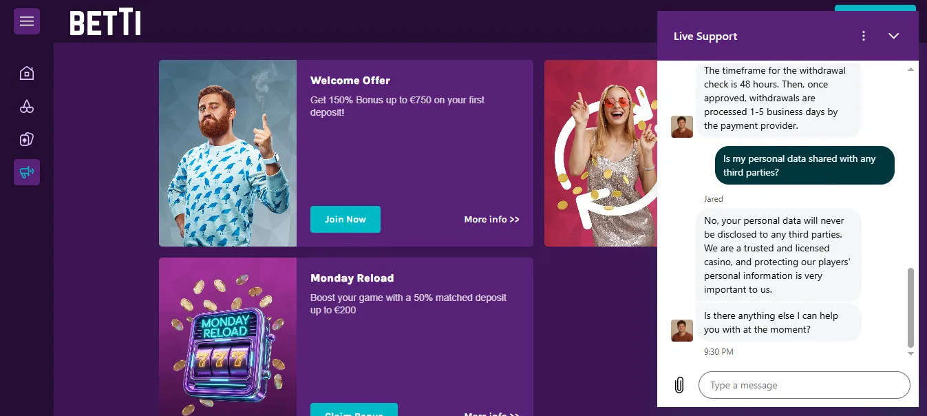 Screenshot of Betti Casino's live chat support window