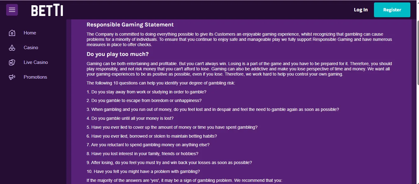 Screenshot of Betti Casino's responsible-gambling tools