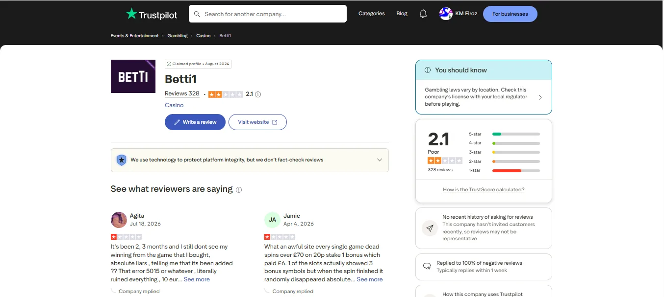 Screenshot of Betti Casino's Trustpilot rating overview
