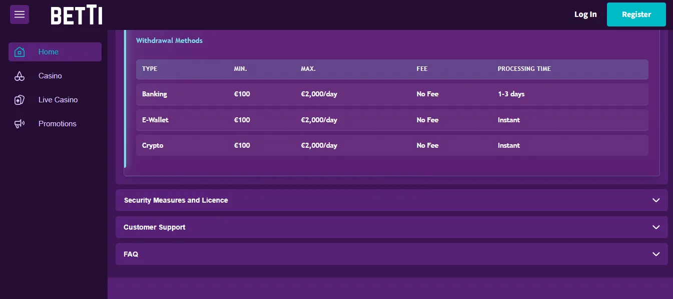 Screenshot of Betti Casino's withdrawal section and limits