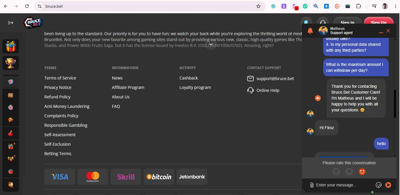 Screenshot of Bruce's live chat support window