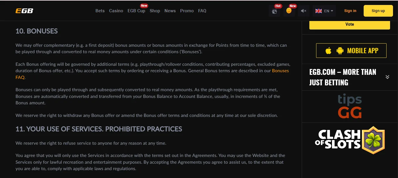 Screenshot of Egaming Bets's bonus terms and wagering requirements