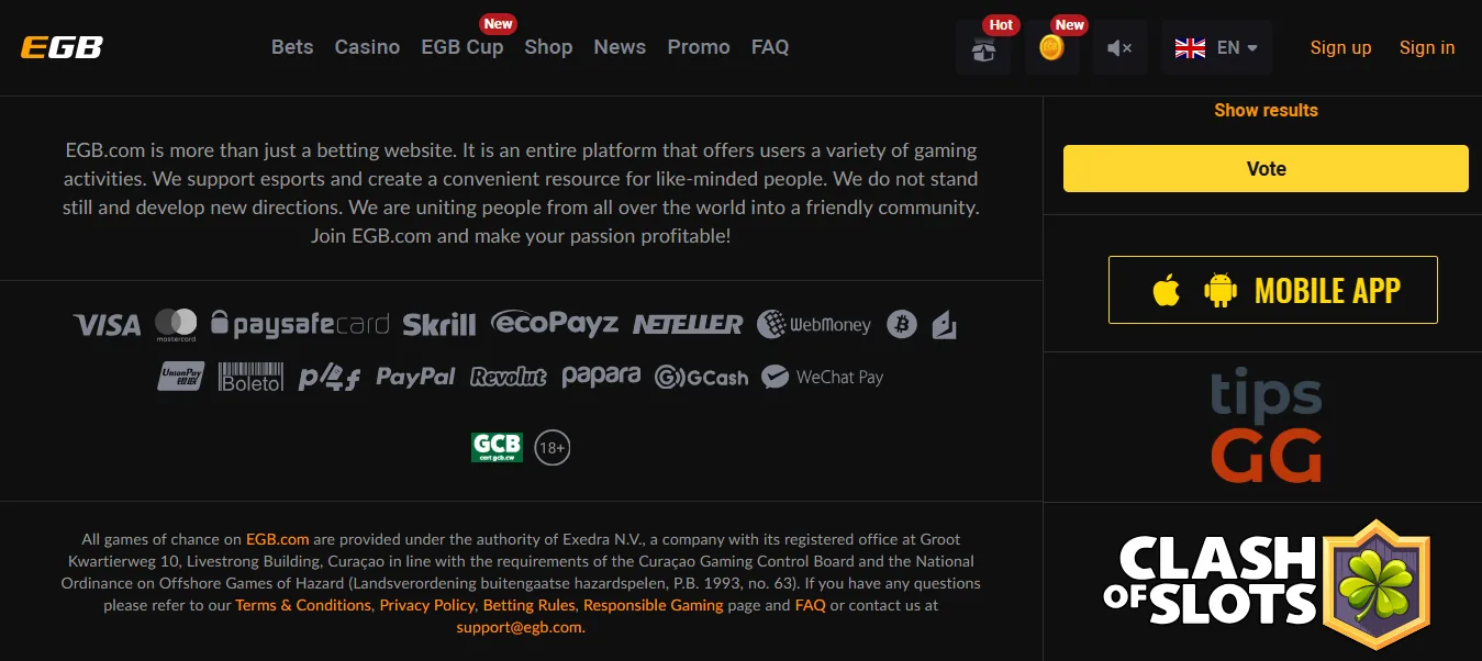 Screenshot of Egaming Bets's footer licence and regulator details